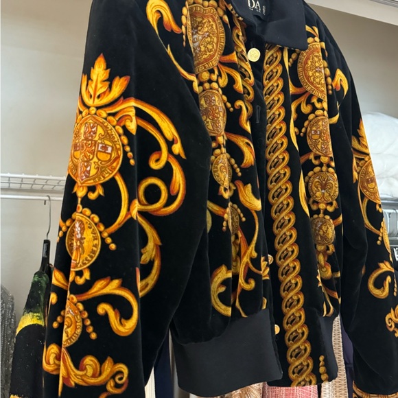1980s Escada Scrollwork and Coin Printed Cotton Velvet Bomber Jacket - Picture 2 of 5